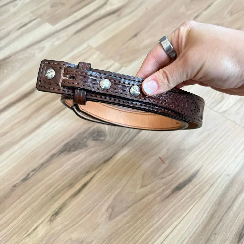 L. Whitley B. Daniels Mens Brown Custom Made Leather Tooled Western Belt Size 35